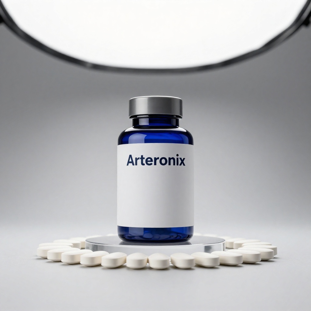 Arteronix supliment natural în cutie elegantă albă cu etichetă albastră, conținând 60 de capsule pentru susținerea tensiunii arteriale și sănătății cardiovasculare pe fundal neutru